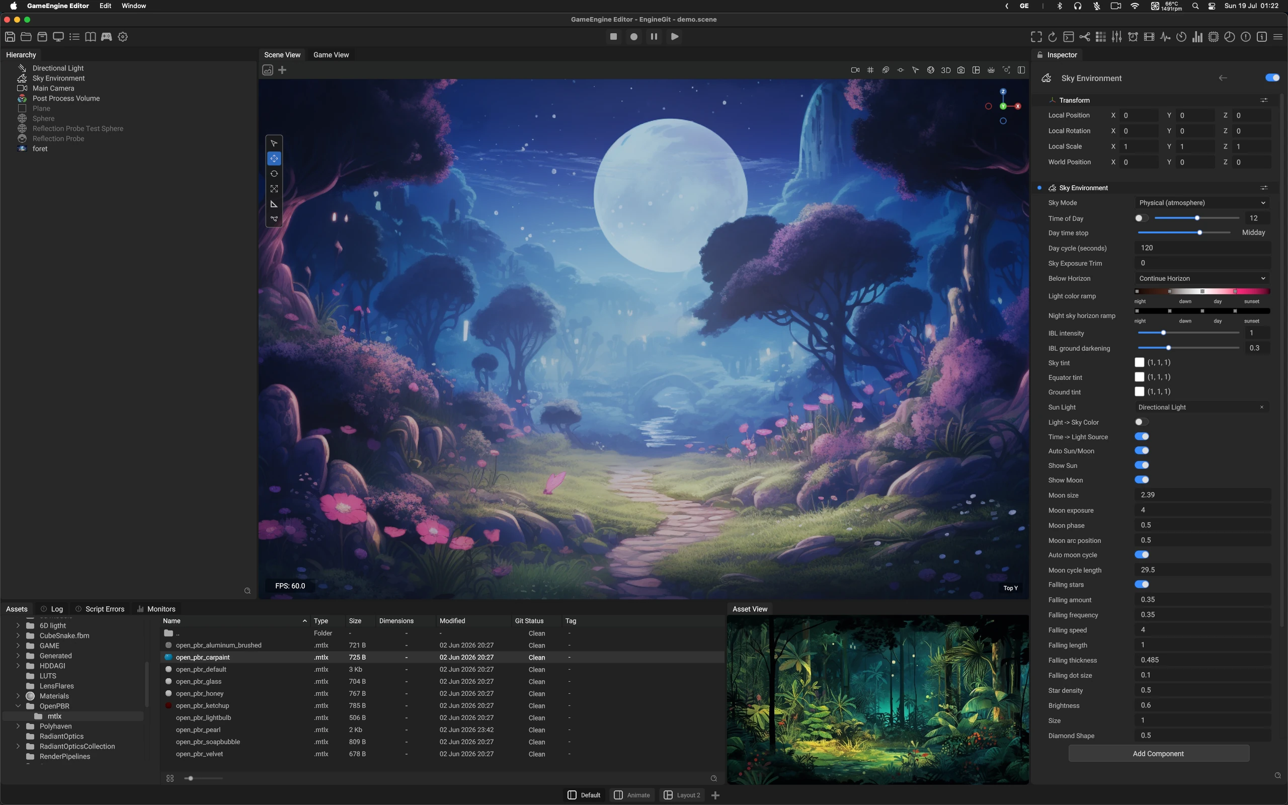 Open Engine editor showing a moonlit fantasy landscape, hierarchy, inspector, and asset browser.